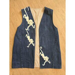 Handmade Vintage 80's Dark Wash Upcycled Denim Patchwork Cute Monkeys Vest‎ L/XL